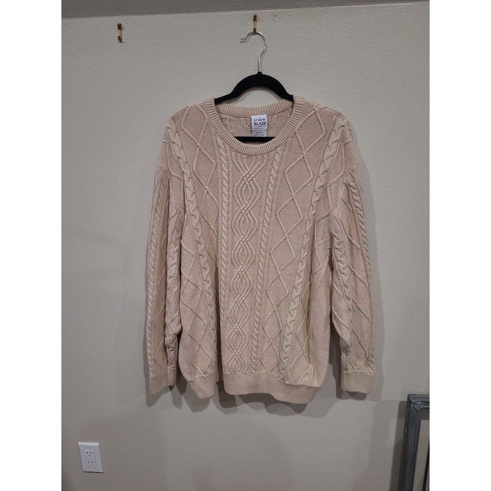 Vtg. JOHN BLAIR Mens SZ 3X Beige Cable Knit Crewneck Sweater 100% cotton Casual